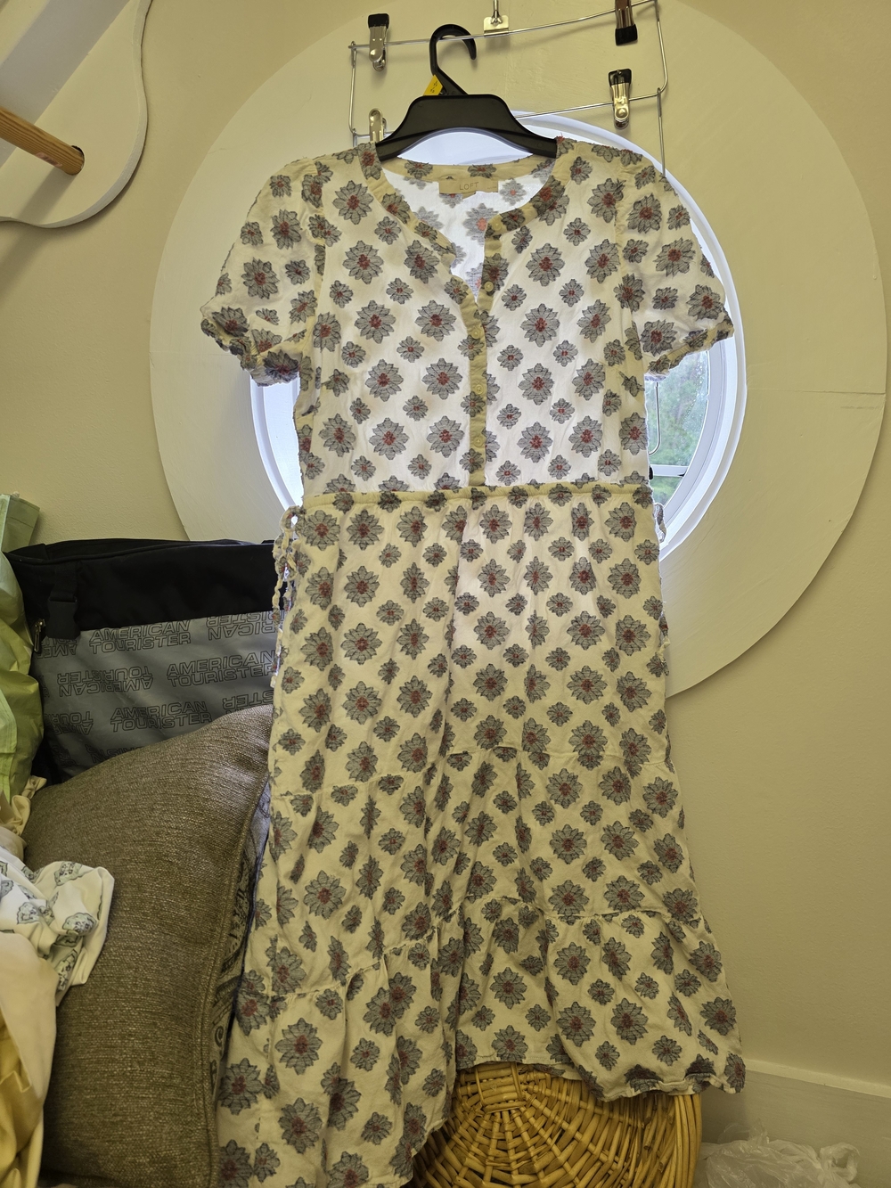 Light Cream Floral Midi Dress with Tie Waist